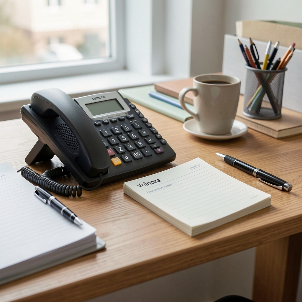 Telefon i notes kontaktowy Velnora na uporządkowanym biurku